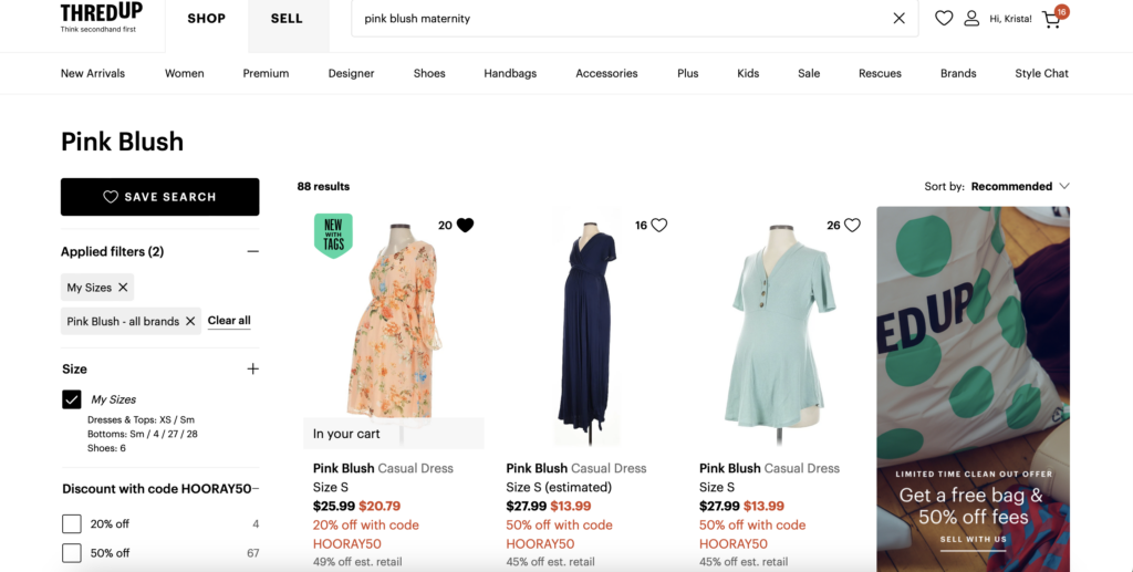 shopping on ThredUp for affordable maternity clothes